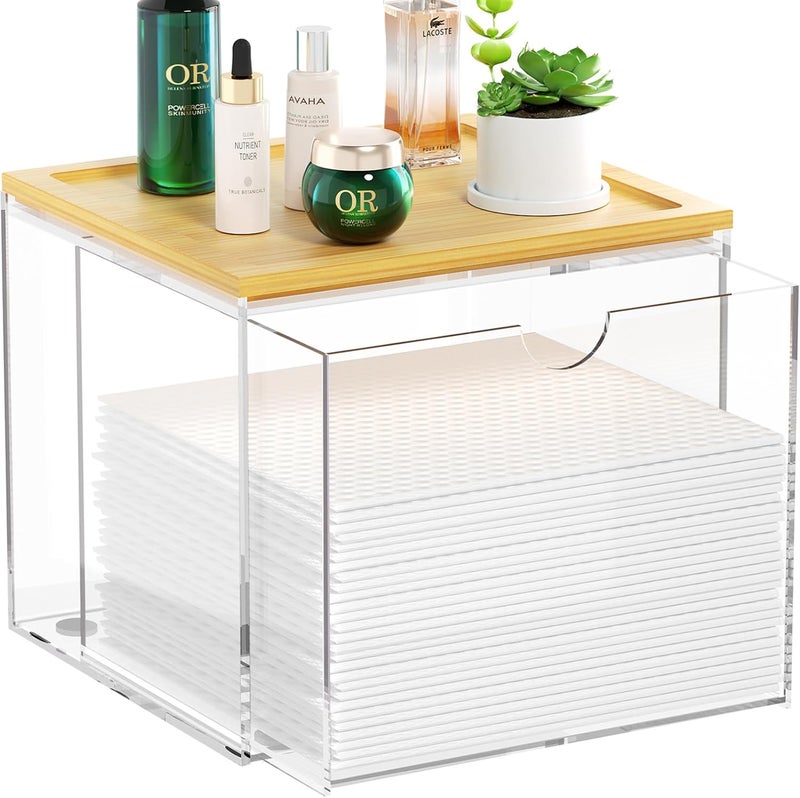 VITVITI Drawer Disposable Face Towel Holder Box, Acrylic Facial Towel Container for XL Clean Skin Club, Large Disposable Face Towels Storage with Bamboo Lid, for Bathroom, Vanity Makeup, Clear - Image 1